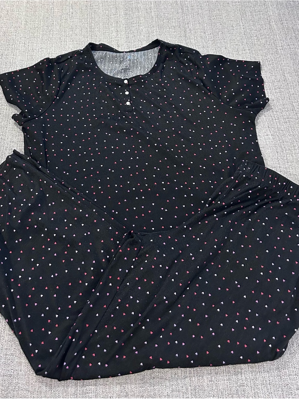 Black Short-Sleeve Top & Pant Set w Pink White Heart Dots Pajama Set Size XXL